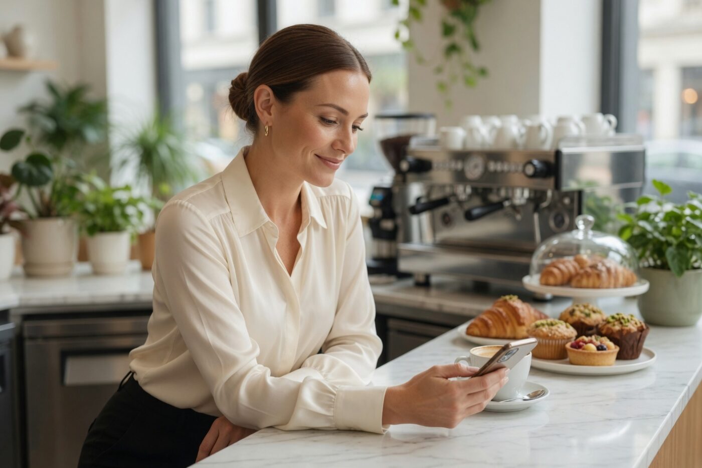 Dueña de una cafetería revisa los mensajes de sus clientes desde su teléfono