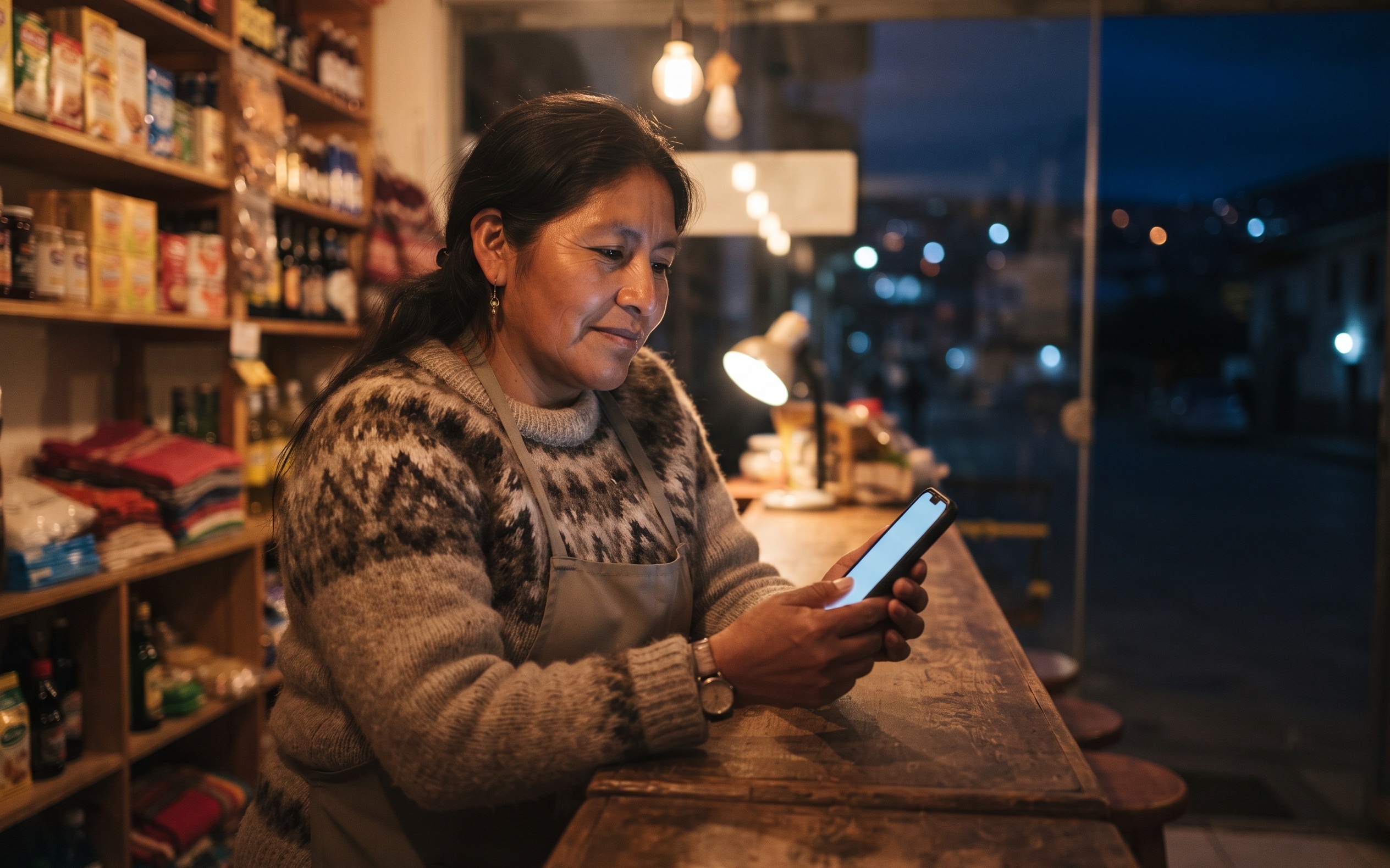 Dueña de un negocio revisa su teléfono al cerrar el día