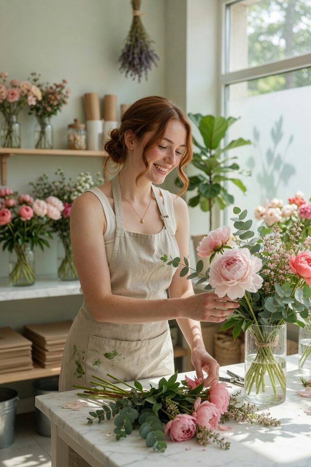 Florista arma un ramo en su tienda