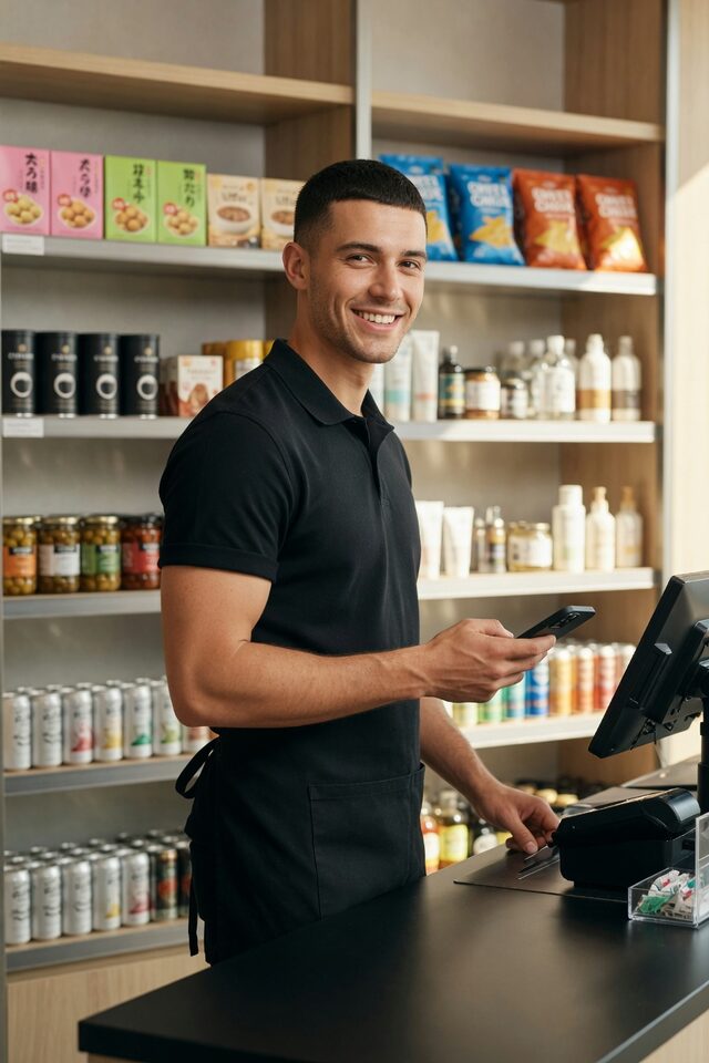 Dueño de un minimarket moderno atiende desde su celular
