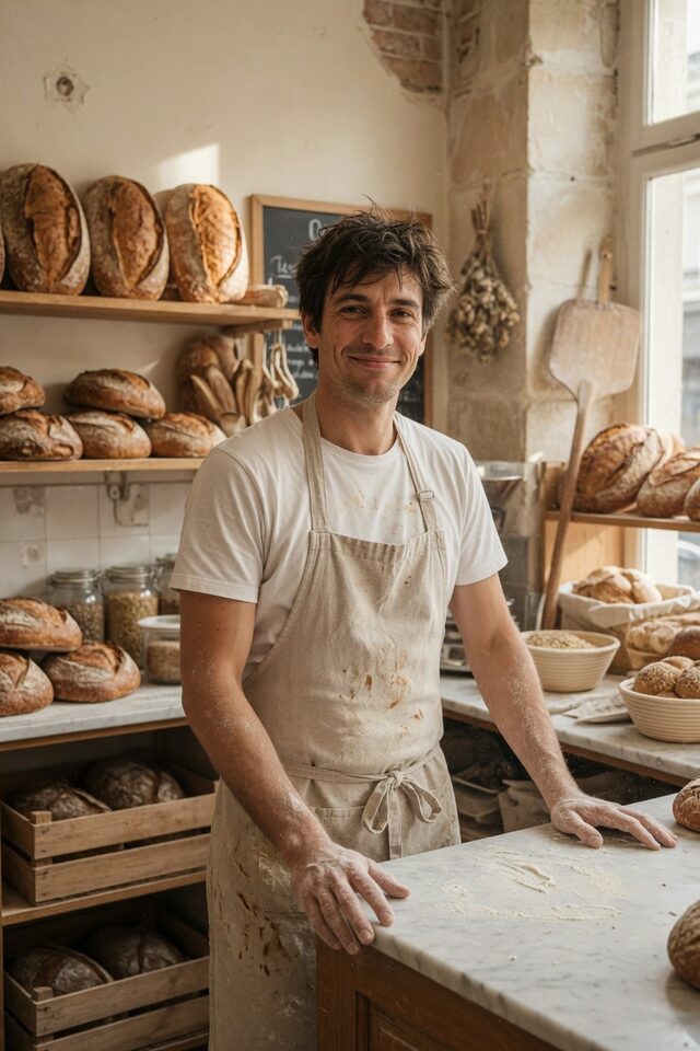 Panadero detrás del mostrador de su panadería artesanal