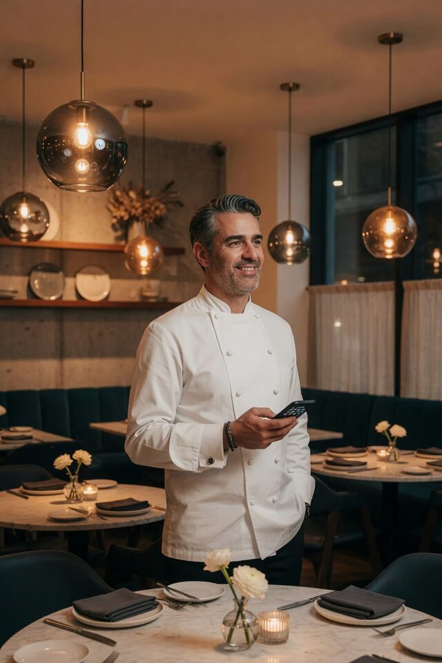 Chef propietario revisa su teléfono en su restaurante
